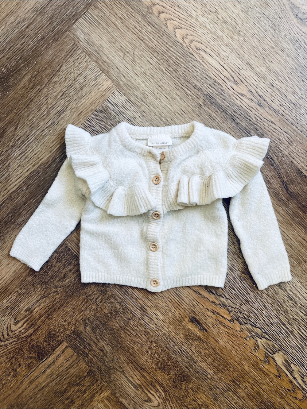 Laura Ashley Cream Knit Baby Cardigan with Ruffle Detail 6-9 Months